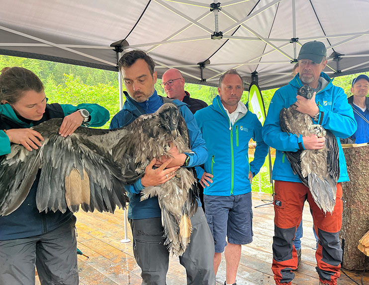 Presentation of the bleaching samples Dagmar (from left): Franziska Lörcher (VCF), David Schuhwerk (LBV), Bernhard Kern (District Administrator BGL), Minister of the Environment Thorsten Glauber and Ulrich Brendel (National Park) with Recka - © NPV BGD